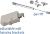A collection of hardware components, including adjustable wall hanging brackets and a gas lift, are displayed against a white background. Náhled obrázku produktu