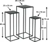 Three black metal plant stands of varying heights and top surface dimensions, with measurement annotations. Anteprima dell’immagine prodotto