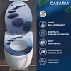 A toilet seat and lid with a stone path design, displayed next to a panel of product features and the brand logo. Produktbild-Vorschau
