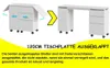 A before and after illustration of a white desk with fold-out extensions, with text explaining its features. Produktbild-Vorschau