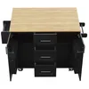 A top-down view of a black kitchen cart with a light wood-tone folding top. The cart has open doors on the sides and three drawers in the center. Produktbild-Vorschau