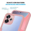 Close-up of a pink phone case with a transparent back, showing the camera module and the phone's screen area. Produktbild-Vorschau