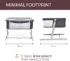 Two views of a co-sleeping bassinet for twins, with dimensions and a text overlay highlighting its space-saving feature. Produktbild-Vorschau