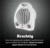 A white electric fan heater is shown against a dark, gradient background. Text below describes its features. Anteprima dell’immagine prodotto