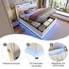 A modern bedroom with a white upholstered bed featuring LED lighting and storage. The image includes close-up insets highlighting specific features. Produktbild-Vorschau
