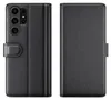 A black leather flip case for a smartphone, shown from the front and back. Produktbild-Vorschau