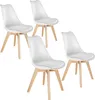 Four white dining chairs with light wood legs are arranged on a white background.