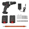 A collection of cordless drill accessories, including two batteries, a charger, various drill bits, and a flexible extension shaft, laid out on a white background. Produktbild-Vorschau