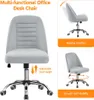 Collage of images showing a grey fabric office desk chair from different angles and highlighting its features. Podgląd zdjęcia produktu