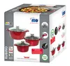 The image shows the packaging for a set of red pots and pans, with product images and marketing text. Produktbild-Vorschau
