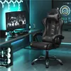 A gaming setup with a computer, monitor, and gaming chair in a room with blue lighting. Produktbild-Vorschau
