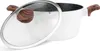 A white pot with a speckled interior and a wooden handle, with its clear glass lid propped open. Produktbild-Vorschau