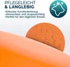 Close-up of orange material with water droplets, with marketing text and a circular icon. Produktbild-Vorschau