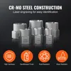 A set of CR-MO steel construction bolt extractors with laser engraving for easy identification, displayed on a dark background with feature icons below. Produktbild-Vorschau