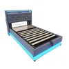 A bed frame with a headboard and slatted base, illuminated by blue LED lights. Náhľad obrázku produktu