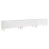 A long, white TV stand with wooden legs against a white background. Voir les images du produit