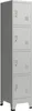 A tall, four-door metal locker in a light gray color, standing on four short legs with black feet. The locker is shown from a slightly angled front view against a plain light gray background. Anteprima dell’immagine prodotto