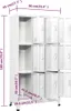 A white metal locker cabinet with 9 compartments, shown with some doors open. Dimensions are indicated with text overlays. Produktbild-Vorschau