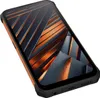 A rugged smartphone with an orange frame and a dark, abstract wallpaper on its screen, shown at an angle against a white background. Voir les images du produit