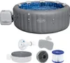 An inflatable hot tub and its accessories are displayed against a white background. Produktbild-Vorschau