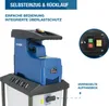 Close-up view of a blue electric garden shredder with control buttons and a collection box. Produktbild-Vorschau