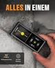 A hand holds a laser distance meter in front of a concrete wall. Text overlays highlight features. Podgląd zdjęcia produktu