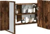 A bathroom cabinet with mirrored doors and open shelves displaying toiletries. Produktbild-Vorschau