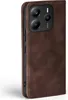 A close-up side view of a brown leather flip case for a smartphone, showing the camera module. Produktbild-Vorschau