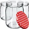 Several empty glass jars are arranged with a red lid decorated with white hearts in the foreground. Anteprima dell’immagine prodotto