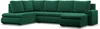 A U-shaped sofa with a chaise lounge and ottoman, upholstered in dark green fabric, is shown against a white background.