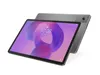 A gray Lenovo tablet is shown at an angle against a white background. The tablet's screen displays a colorful abstract wallpaper and the time. Produktbild-Vorschau