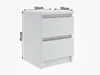 A white bedside table with two drawers, with dimensions indicated by text. Produktbild-Vorschau