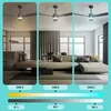Three images of a living room with a ceiling fan, each demonstrating different light temperatures and brightness levels. Náhled obrázku produktu