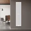 A modern living room with a white vertical radiator mounted on a gray wall. Náhled obrázku produktu