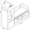 A line drawing diagram of a children's storage bench with shelves and drawers, featuring dimensions. Podgląd zdjęcia produktu