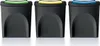 Three black recycling bins with different colored lids (green, yellow, blue) are lined up against a white background. Anteprima dell’immagine prodotto
