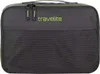 A dark gray packing cube with a green trim and a mesh front pocket. The brand name 'travelite' is visible in green text. Produktbild-Vorschau