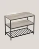 A three-tier shelf unit with a wood-effect top and shelves and a metal frame. The bottom shelf is a slatted metal rack. Produktbild-Vorschau