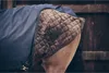 A close-up view of a horse wearing a navy blue rug with a quilted brown lining. Produktbild-Vorschau