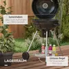 A charcoal grill is set up on a wooden deck with plants and bottles of sauce nearby. Produktbild-Vorschau