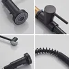 A collage of four close-up shots of a black kitchen faucet, highlighting its different parts and features. Produktbild-Vorschau