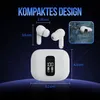 Marketing image showing dimensions and features of white wireless earbuds and their charging case. Voir les images du produit