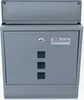 A front view of a gray metal mailbox with a lock and a clear slot for mail. Produktbild-Vorschau