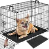 A chihuahua dog is inside a black wire dog crate. A hand is shown reaching for the crate's handle. Produktbild-Vorschau