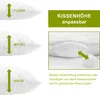 Diagrams showing different pillow heights and a close-up of a pillow with its filling being adjusted. Produktbild-Vorschau