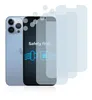 A light blue iPhone 13 Pro Max is shown next to several transparent screen protectors, with a graphic of a seatbelt on the phone screen. Produktbild-Vorschau