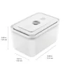 A white plastic food storage container with a gray lid and a vacuum seal button is shown on a white background. Dimensions are indicated with lines and text. Produktbild-Vorschau