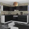 A modern L-shaped kitchen with black high-gloss cabinets and a mosaic tile backsplash. Produktbild-Vorschau
