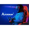 A person wearing VR goggles plays a video game in a gaming chair. Produktbild-Vorschau