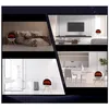 Collage of four different room settings (bedroom, living room, bathroom, kitchen) showcasing an electric fireplace. Produktbild-Vorschau